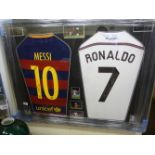 Football memorabilia - Lionel Messi and Christiano Ronaldo club strip kits,