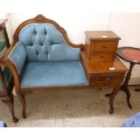 Small furniture: to include a modern mahogany framed telephone seat with a blue fabric upholstered