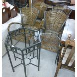 A set of four modern bamboo and grey painted metal framed open arm chairs,