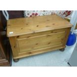 A Ducal pine chest with a rising top and panelled sides, raised on turned,