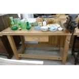 A modern beech work bench with a drawer and Record vice,