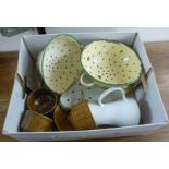 Kitchenalia: to include a 1950s enamelled twin handled colander 8''dia BSR