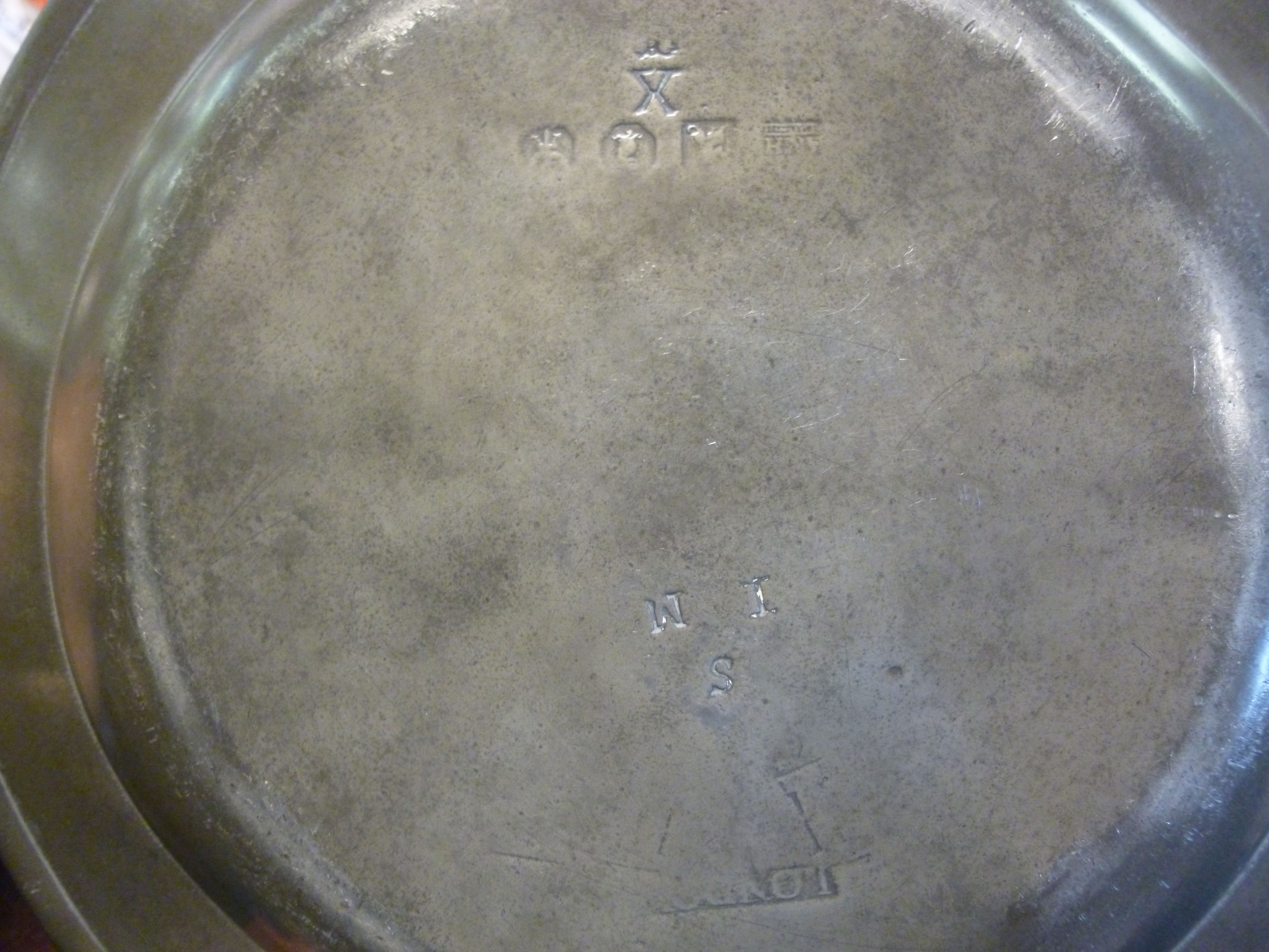 An 18thC pewter broad rimmed charger 12''dia; - Image 7 of 7