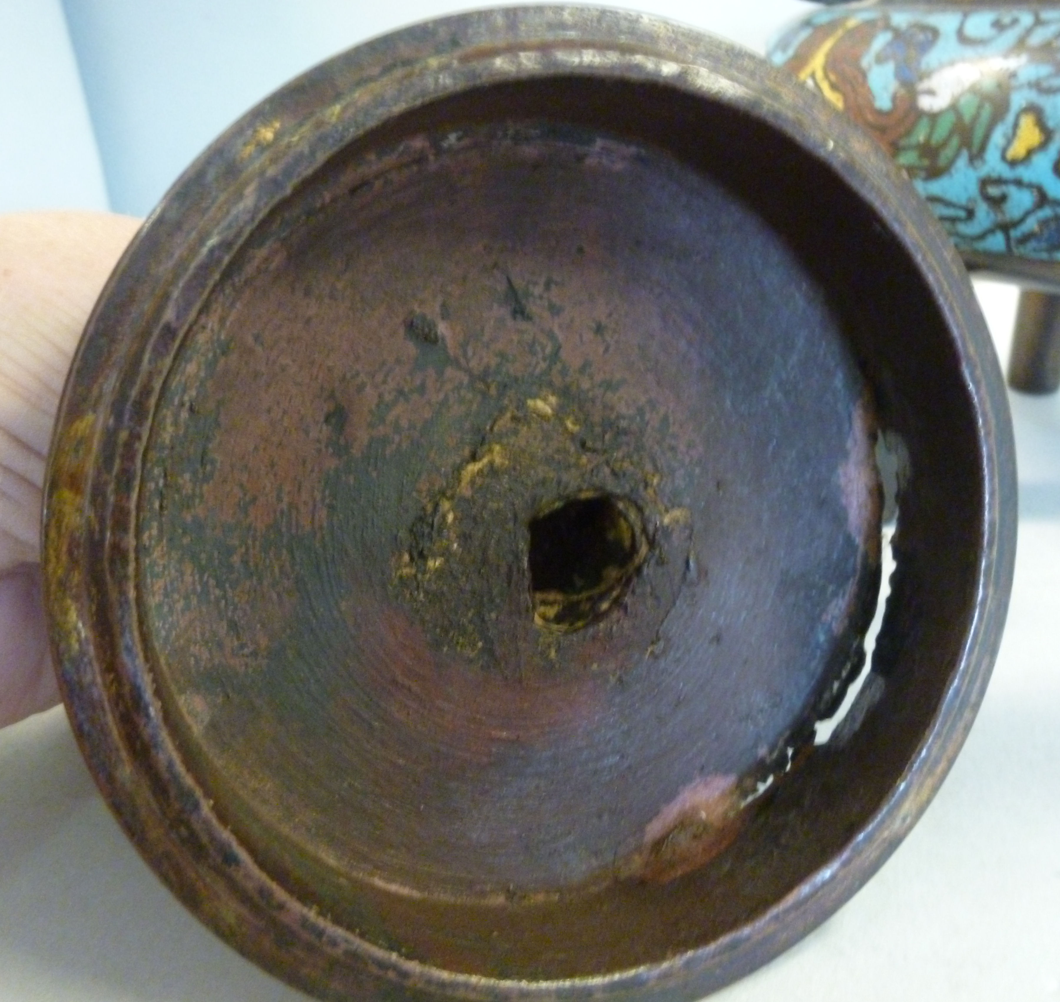 A 19thC Chinese twin handled brass censer with banded enamel ornament, - Image 9 of 11