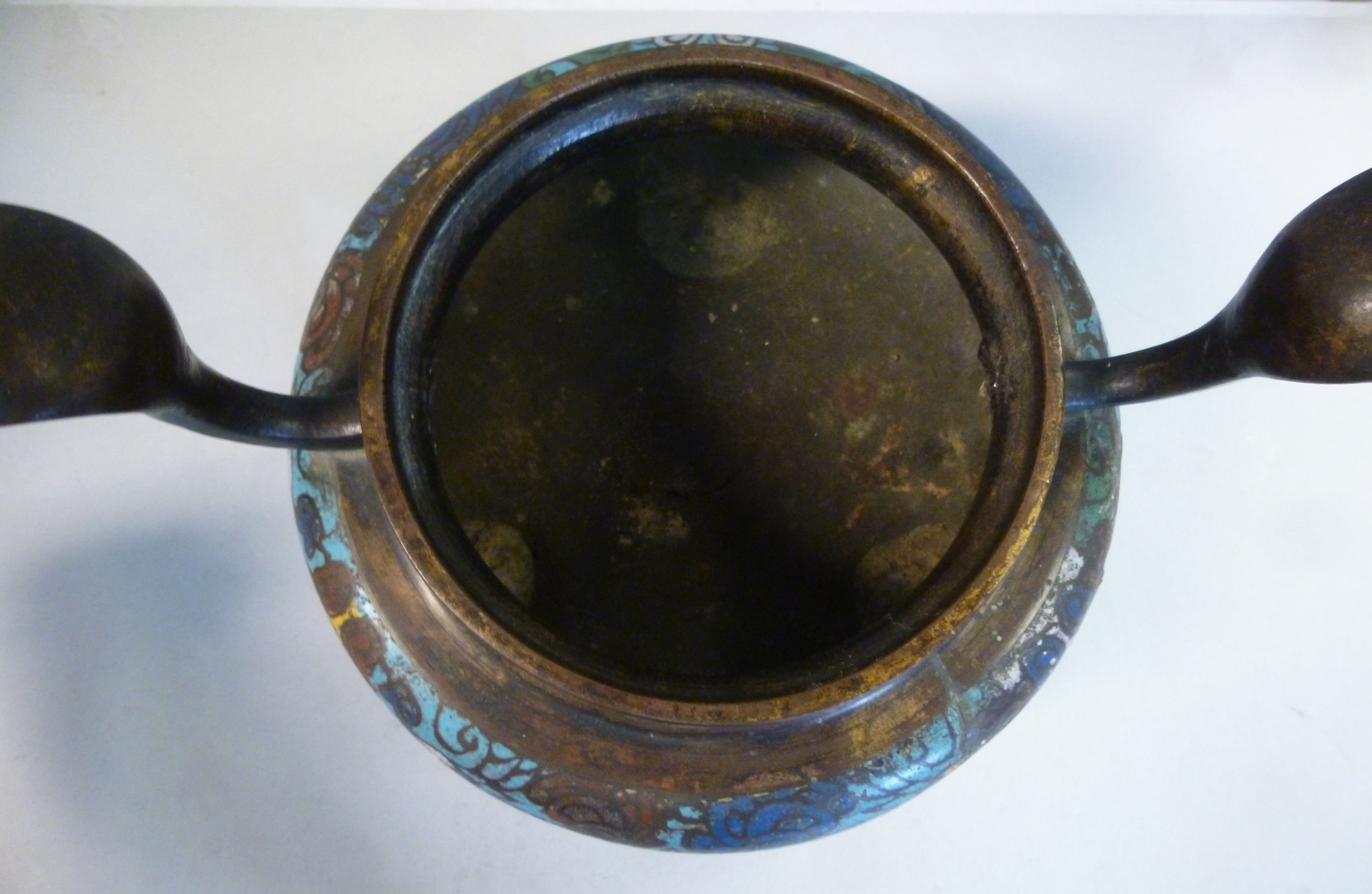 A 19thC Chinese twin handled brass censer with banded enamel ornament, - Image 10 of 11