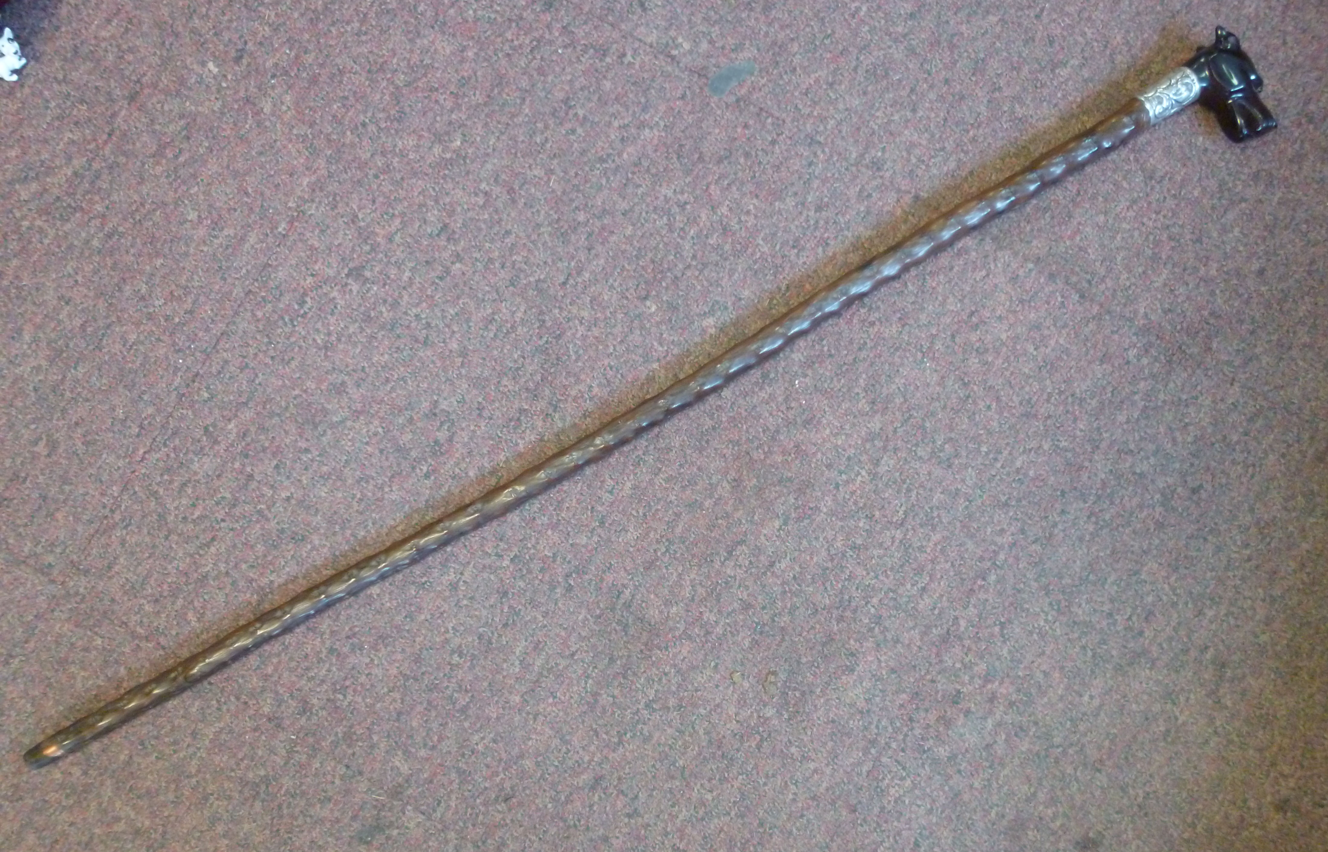 A late Victorian walking stick with a knobbly rootwood shaft and an engraved silver ferrule