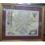 A mid 17thC Joan Blaeu coloured county map 'Devonia vulgo Devon-Shire' incorporating a figural