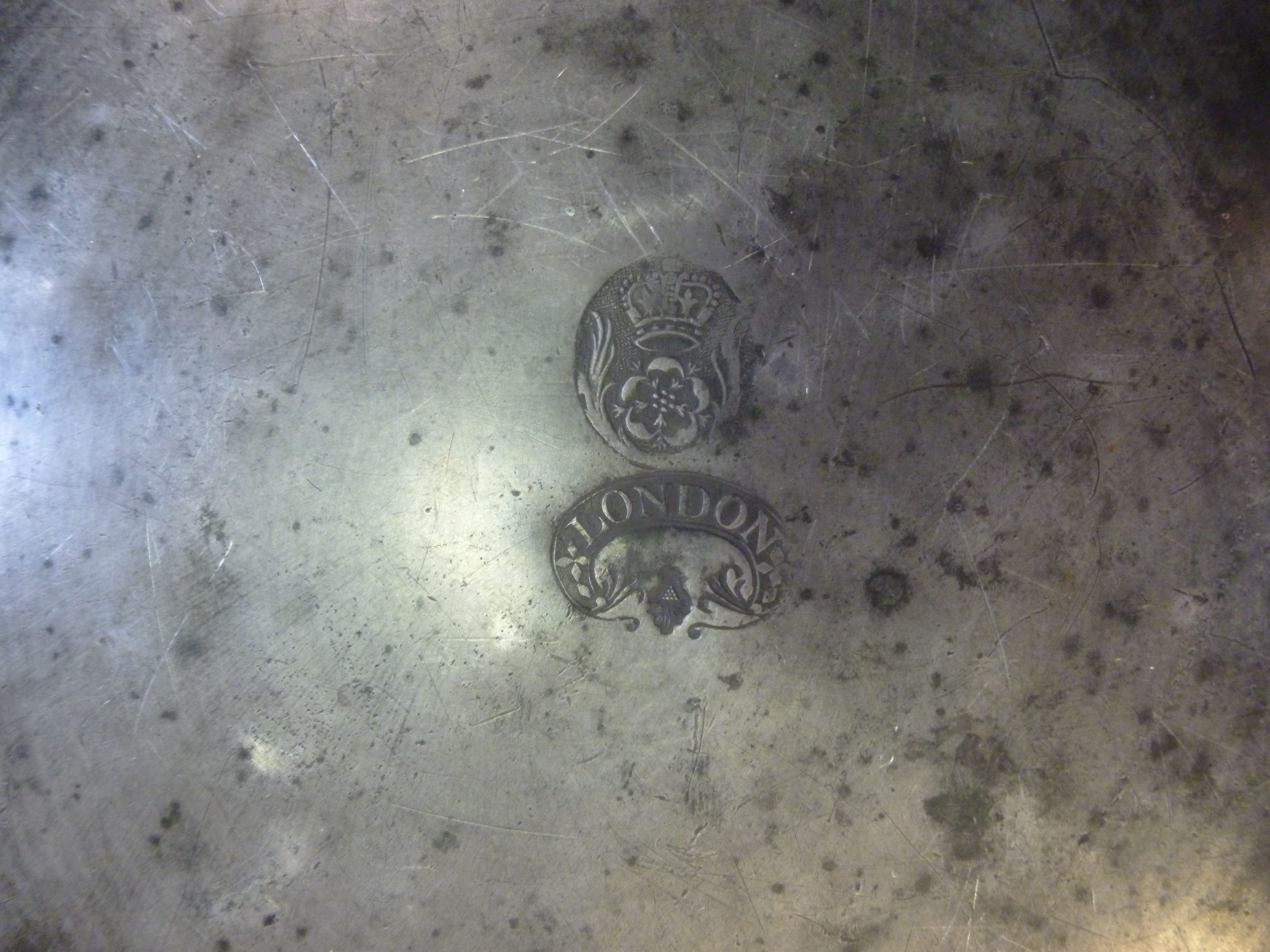 An 18thC Henry Maxted pewter dish with a wide, - Image 6 of 8