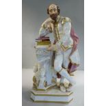 A late 19thC porcelain Shakespearian figure leaning on a plinth with a stack of books and a scroll