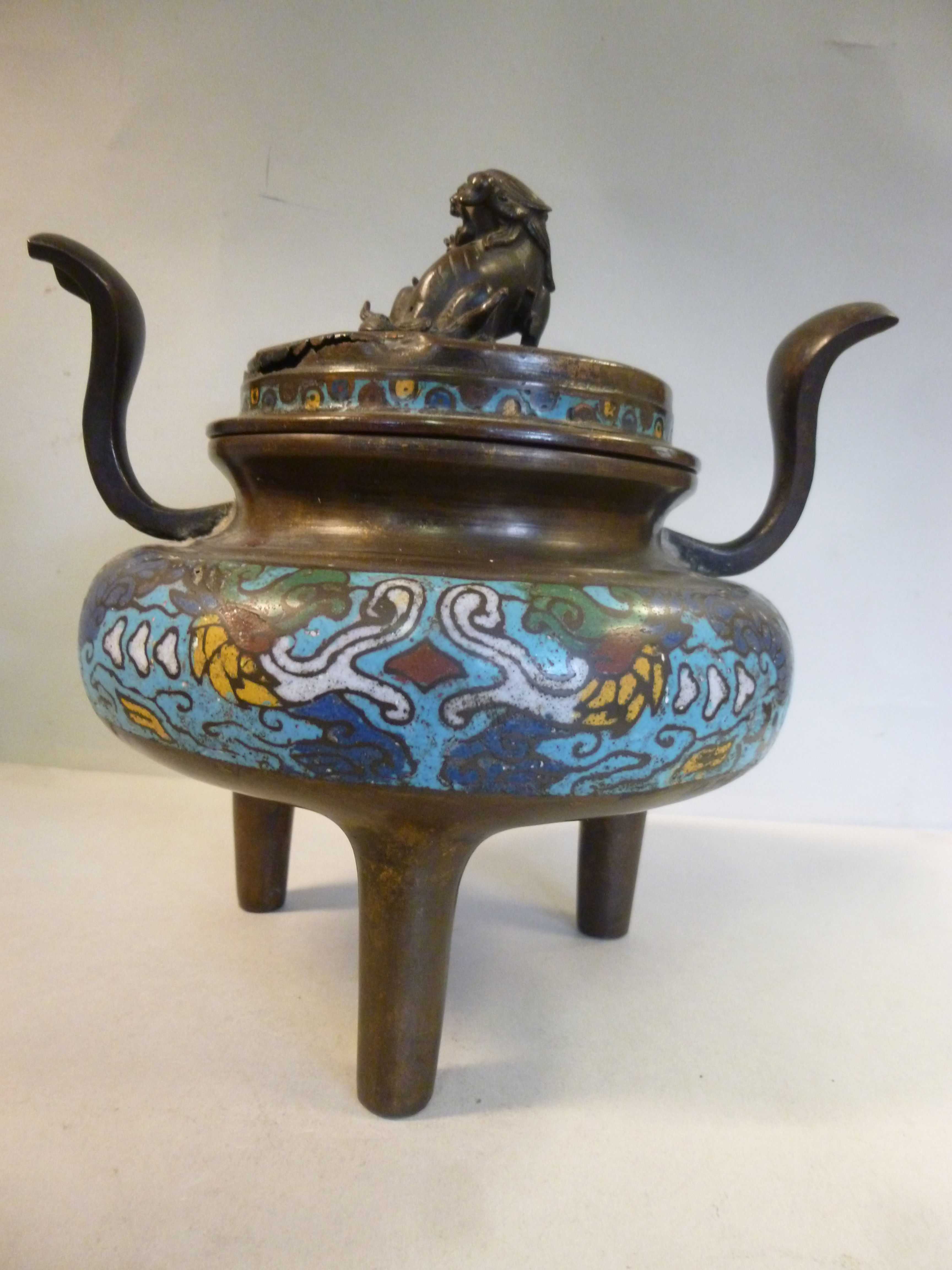 A 19thC Chinese twin handled brass censer with banded enamel ornament, - Image 6 of 11