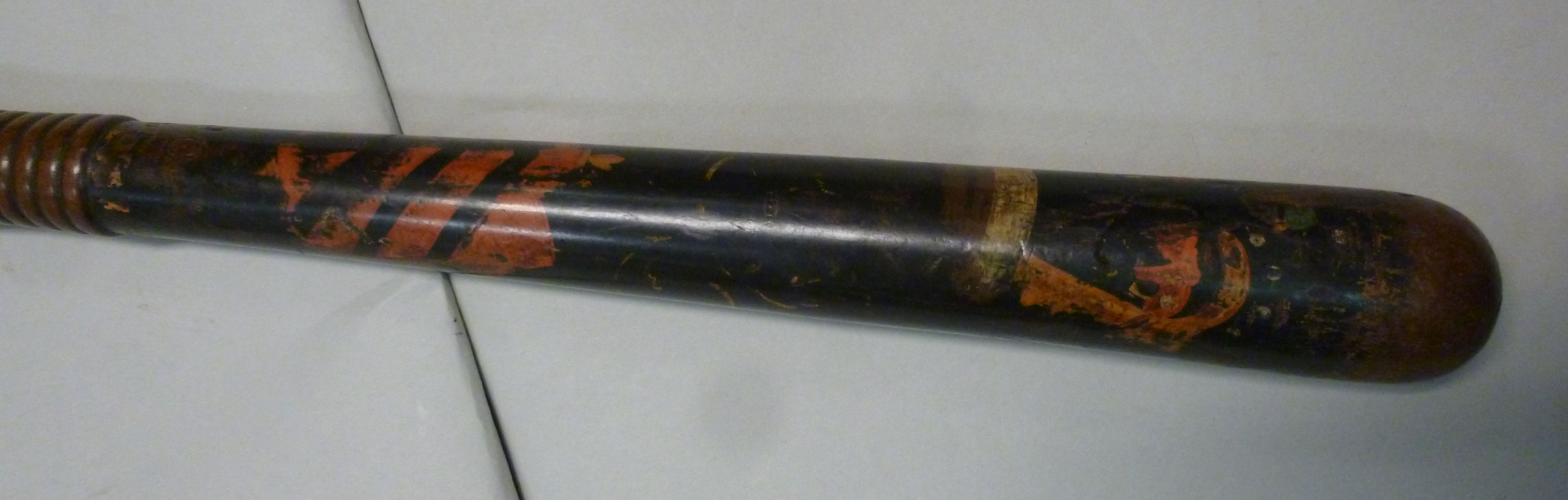A late 19thC police wooden truncheon, painted in colours on black, impressed PC165, on a ribbed, - Image 6 of 10
