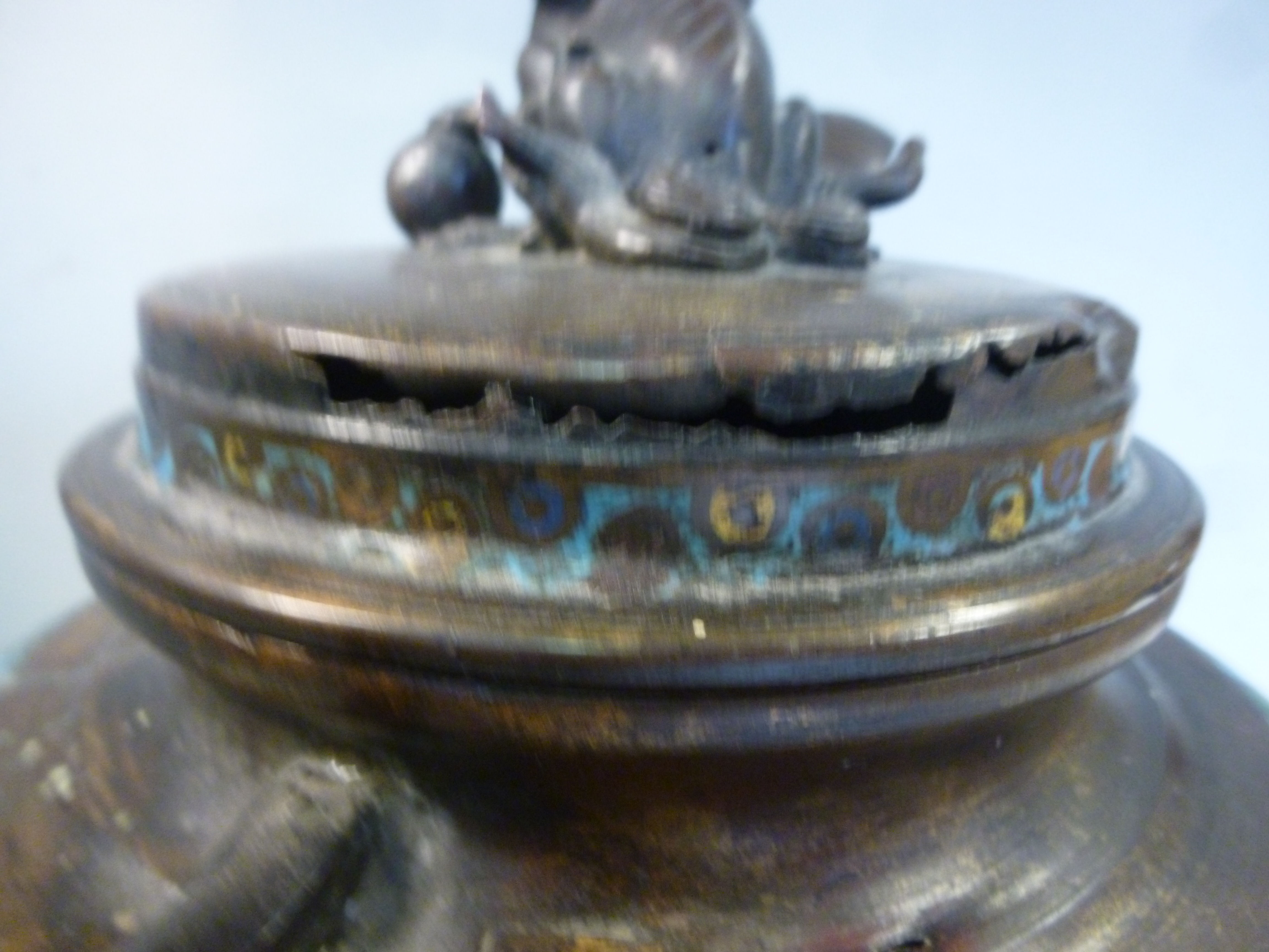 A 19thC Chinese twin handled brass censer with banded enamel ornament, - Image 8 of 11