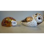 Two Royal Crown Derby bone china paperweights with stoppers, viz. 'Orchard Hedgehog' and 'Owl' 2.