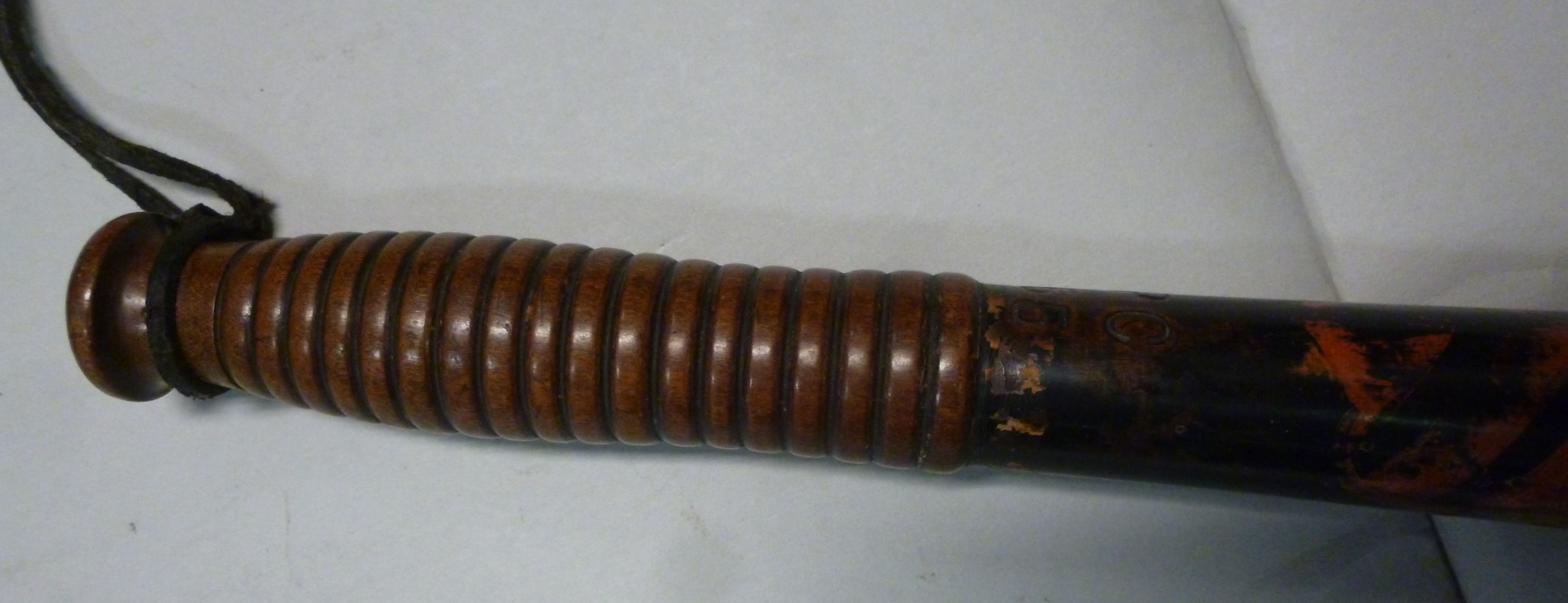 A late 19thC police wooden truncheon, painted in colours on black, impressed PC165, on a ribbed, - Image 3 of 10