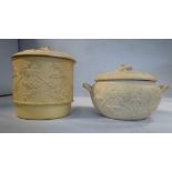 A late 18thC/early 19thC Wedgwood biscuit earthenware cylindrical strainer pot and cover,