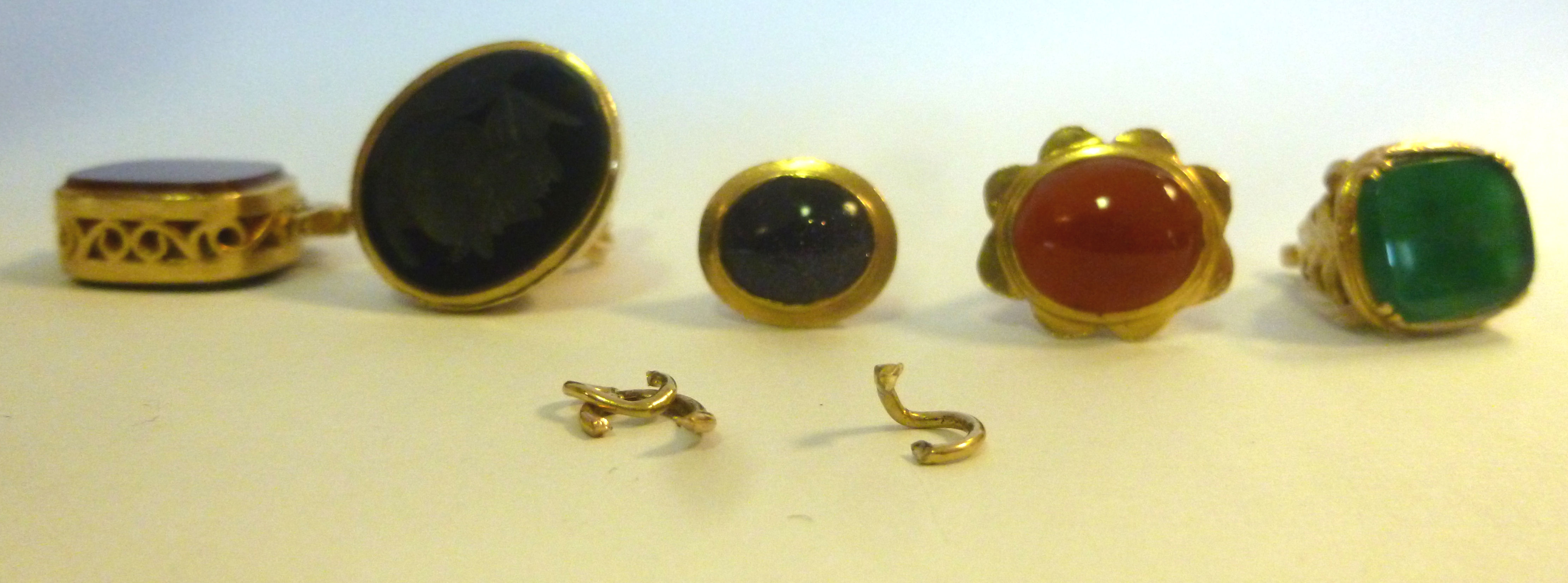 Four yellow metal pendant seals, variously set with coloured stones, - Image 3 of 4