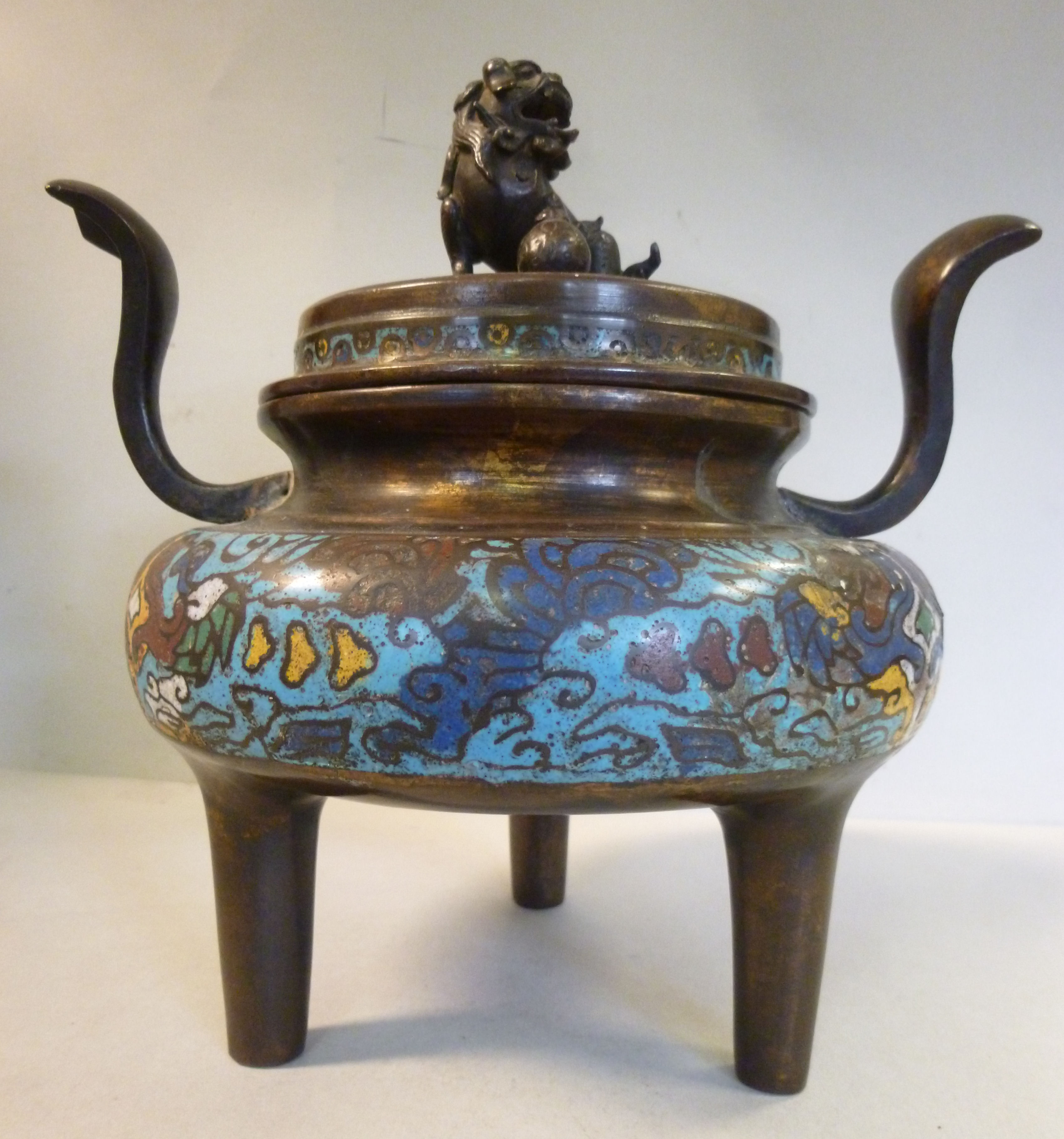 A 19thC Chinese twin handled brass censer with banded enamel ornament, - Image 2 of 11