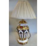 A Royal Crown Derby bone china vase design table lamp of panelled octagonal baluster form,