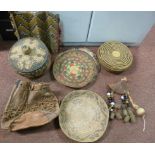 A collection of native North American Indian artefacts: to include a woven rush box and cover