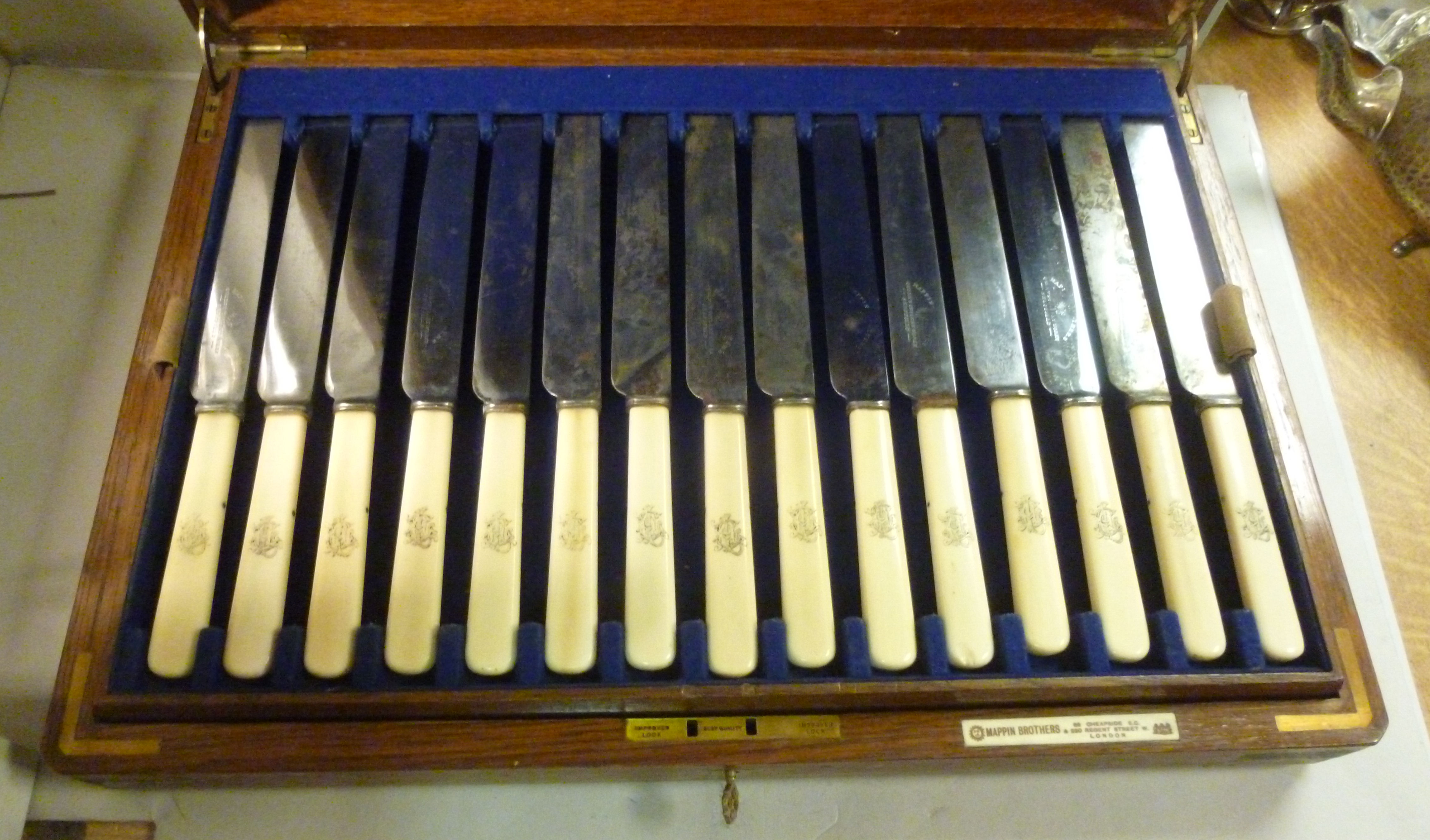 A canteen of mid 19thC Mappin Brothers bone handled steel cutlery, in a light oak, - Image 4 of 8