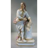 A late 19thC porcelain Shakespearian figure leaning on a plinth with a stack of books and a scroll