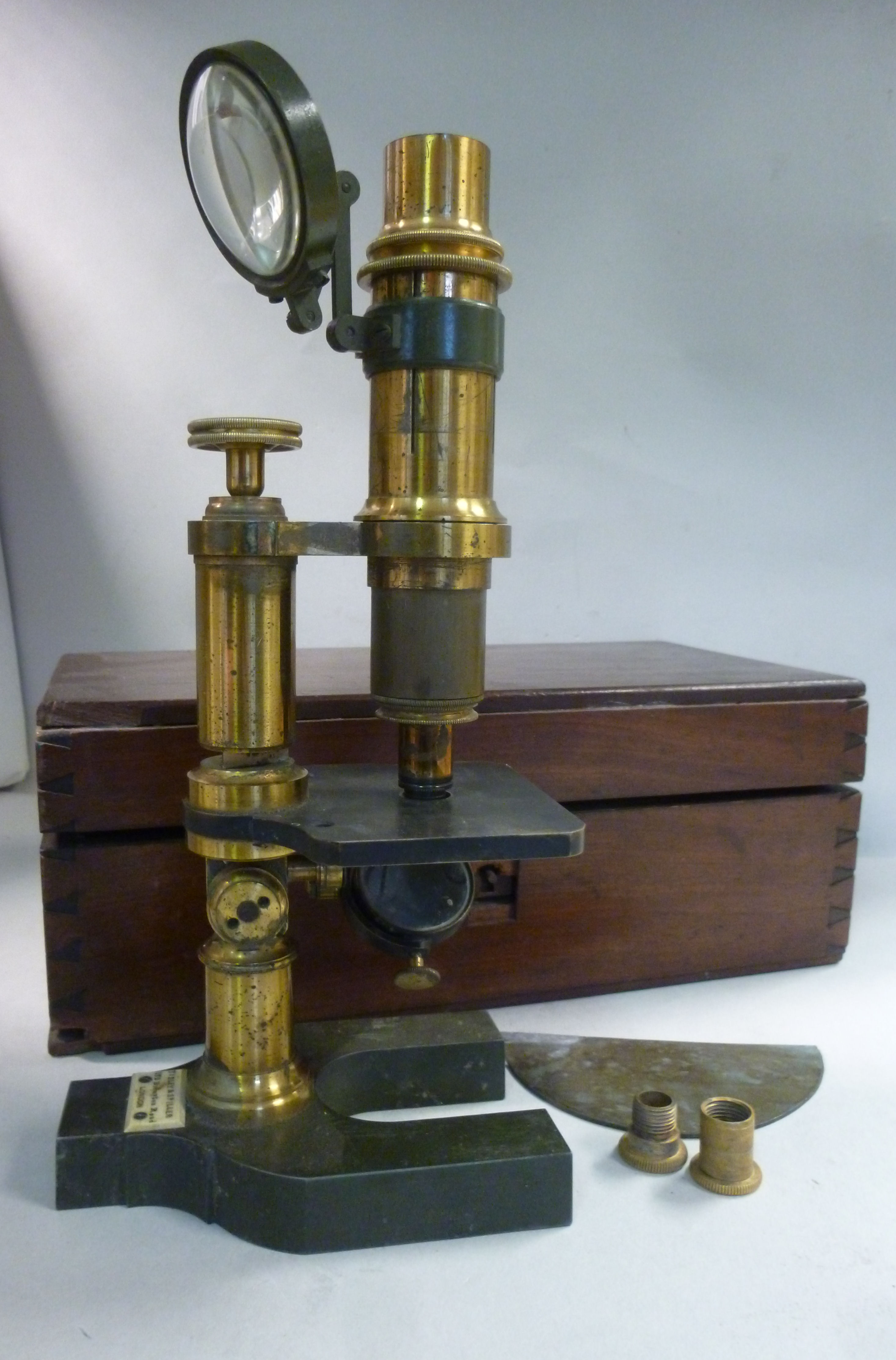 A late 19thC enamelled green steel and lacquered brass microscope (eyepiece missing) bears the - Image 5 of 6