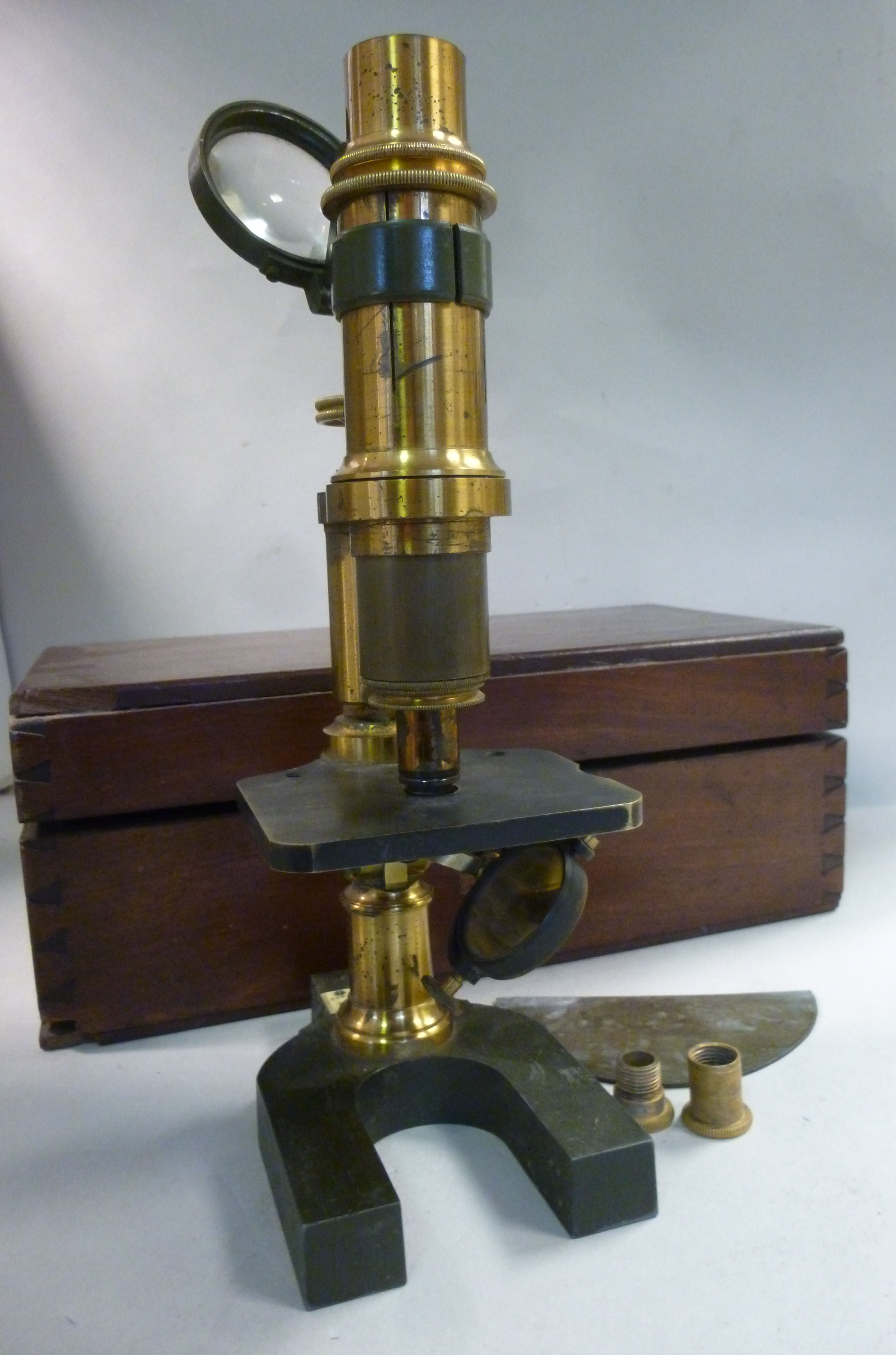 A late 19thC enamelled green steel and lacquered brass microscope (eyepiece missing) bears the - Image 4 of 6