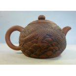 A late 19thC Chinese terracotta wine kettle of squat, bulbous form,