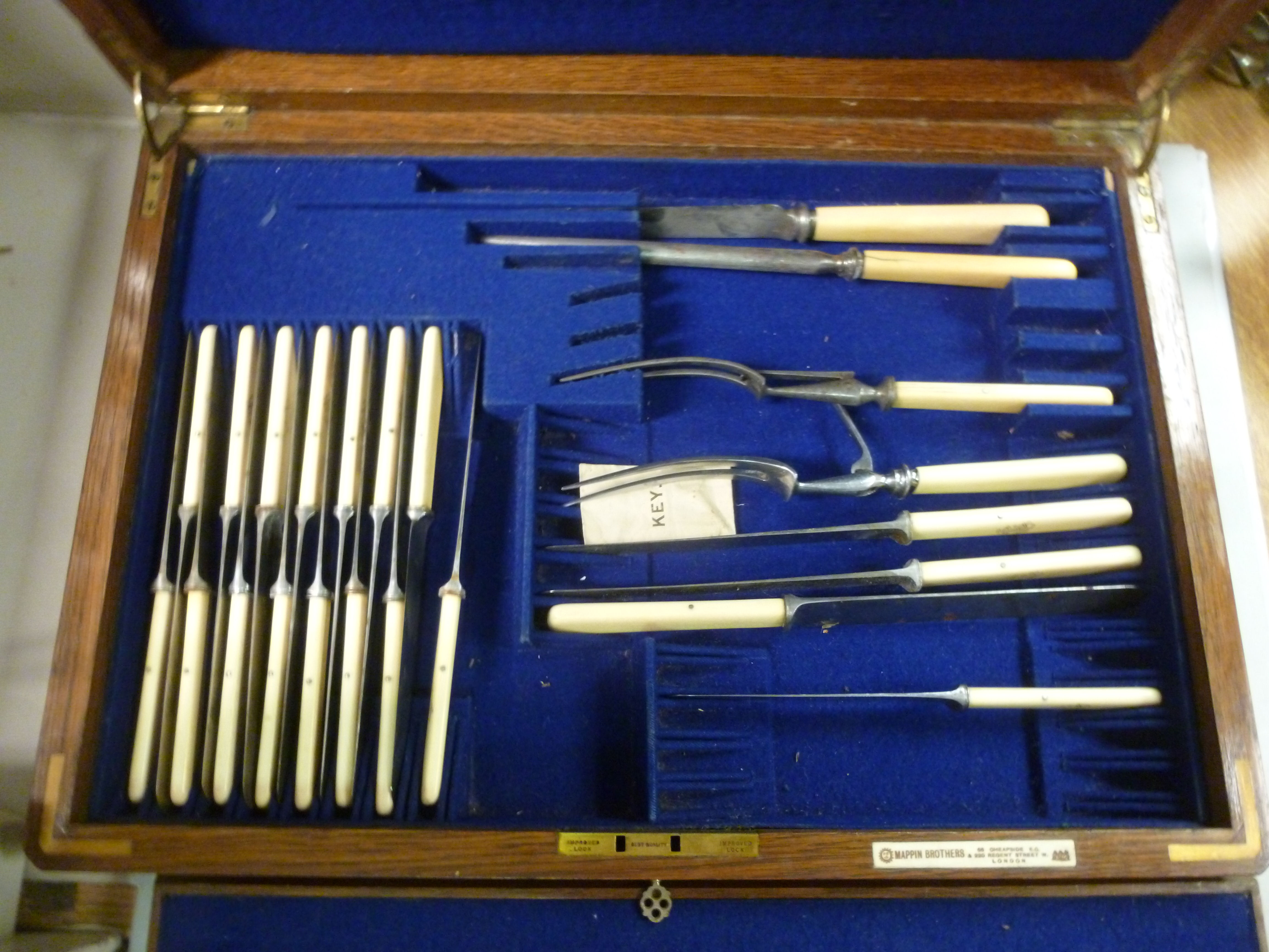 A canteen of mid 19thC Mappin Brothers bone handled steel cutlery, in a light oak, - Image 5 of 8