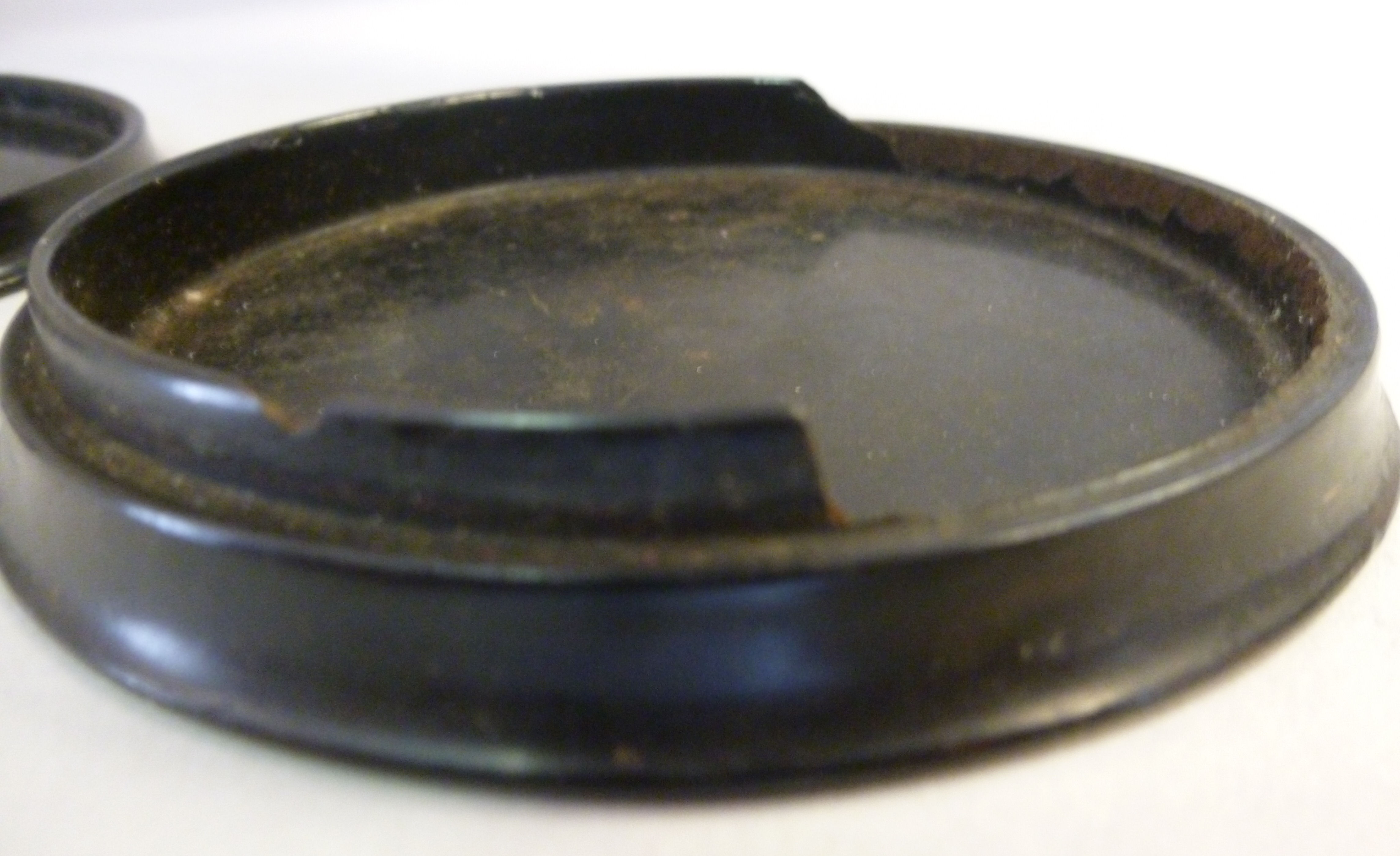 An early 19thC black lacquered papier mache shallow, circular snuff box, - Image 7 of 7