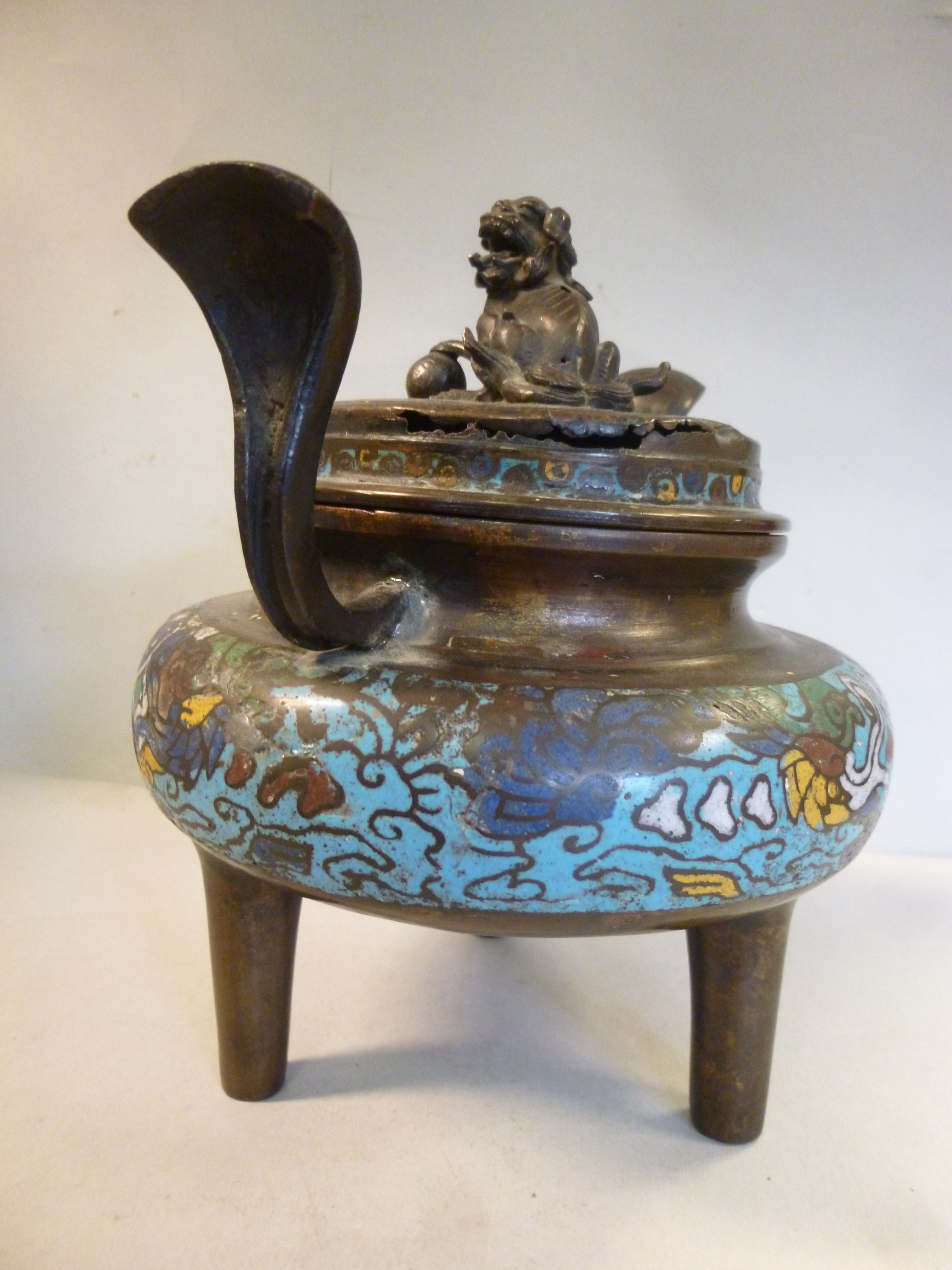 A 19thC Chinese twin handled brass censer with banded enamel ornament, - Image 7 of 11