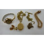 Gold and yellow metal jewellery: to include a 9ct gold cased wristwatch,