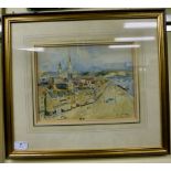 JA Terry - a town scene by a river with hills beyond watercolour bears a signature 8.5'' x 10.