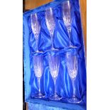 A set of six Royal Doulton crystal pedestal Champagne flutes with line-cut ornament,