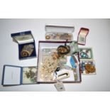 A quantity of costume jewellery; watches; an enamel matchbox holder; etc.