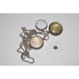 Two silver cased open faced fob watches, one with silvered roman dial,