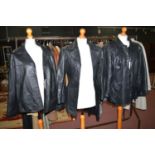 Ladies black leather jackets of various shapes, sizes; 10, 14 and 16.