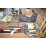 A box of assorted cutlery; a case set of fish servers,