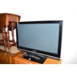 A Viera flat screen television, with remote control.