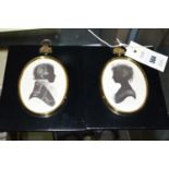 Signed prints - miniature silhouettes of an 18th Century gentleman and lady,