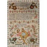 An early 19th Century part silk sampler, the alphabet, numbers and poetic verse,