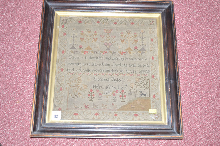 An early 19th Century sampler, the religious verse, surrounded by stylised floral decoration,