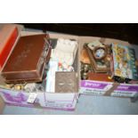 Two boxes of sundry items, including: brass candlesticks; a leather attaché case; prints; etc.