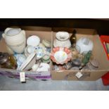 Two boxes of sundry china and glassware; including: a Japanese vase; a Crown Devon two-handled bowl;