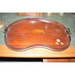 A 19th Century kidney-shaped inlaid mahogany tray with brass handles (gallery slightly damaged).
