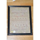A late 18th Century sampler depicting the alphabet and religious verse,