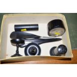 A collection of ebony dressing table items,