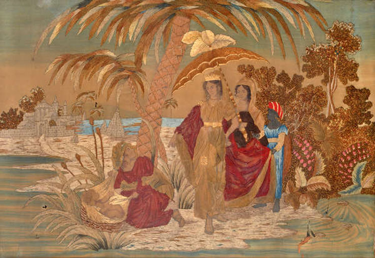 A Victorian woolwork picture on silk, depicting 'The Finding of Moses',