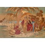 A Victorian woolwork picture on silk, depicting 'The Finding of Moses',
