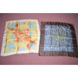 Two Vintage Liberty printed silk scarfs of floral and paisley design; a tan leather handbag;